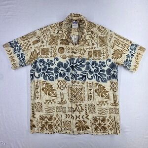 Hawaiian Togs Mens Large Aloha Shirt Tan Blue Hibiscus Turtle Made in Hawaii L